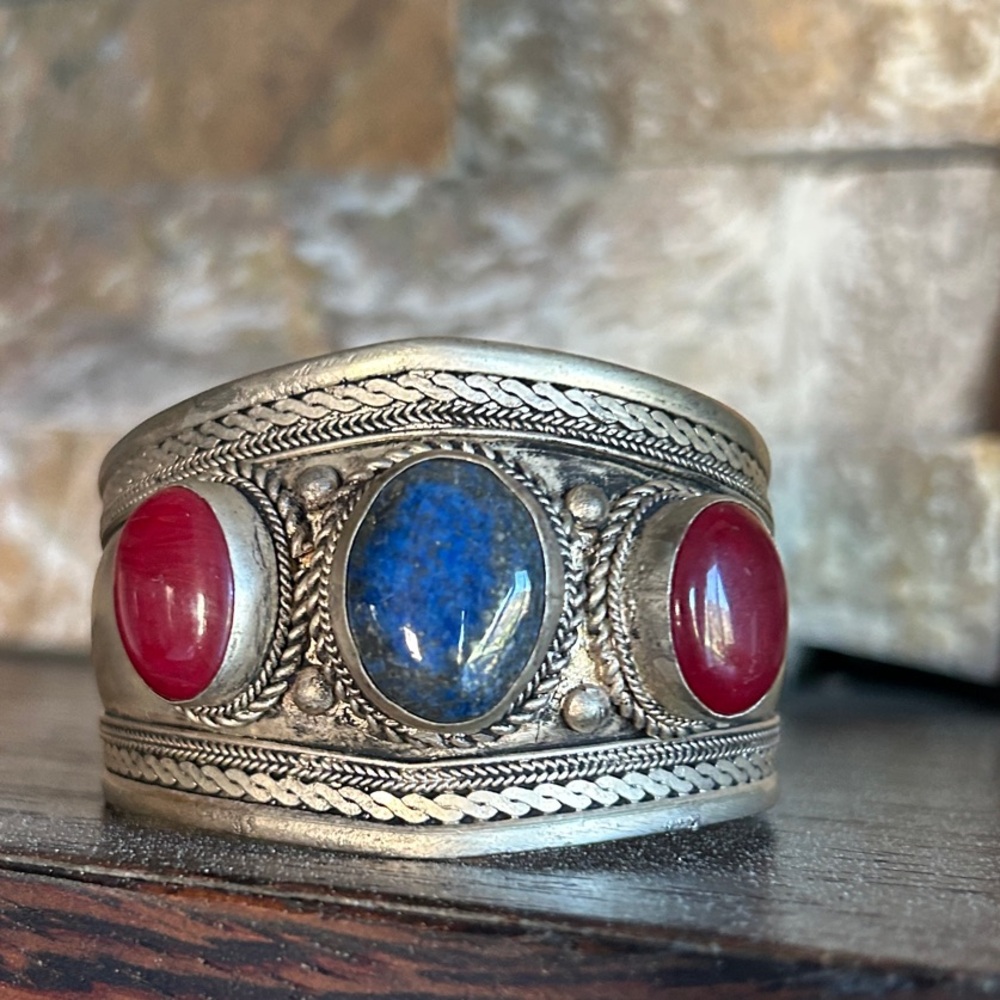 Vintage Tibetan Lapis Lazuli and Red Stone Cuff Bracelet Silver Tone Ethnic Boho